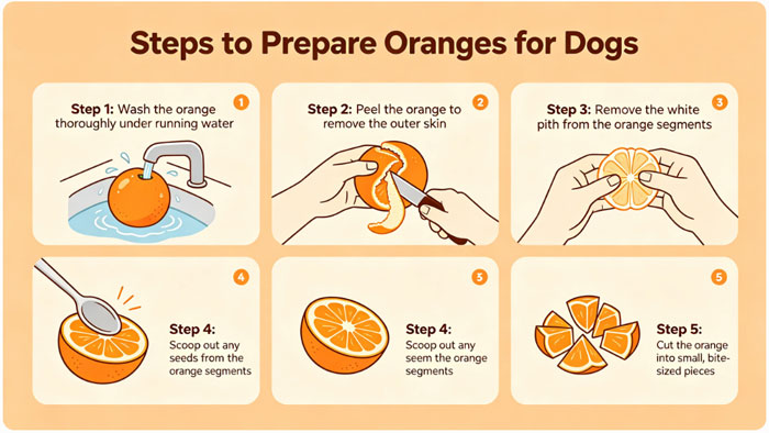 step-by-step diagram showing how to prepare orange segments safely for dogs