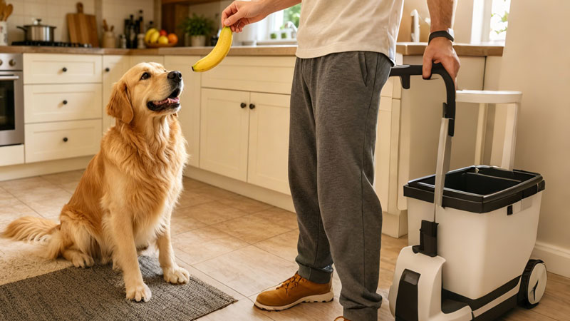 golden retriever looking up at owner holding a banana