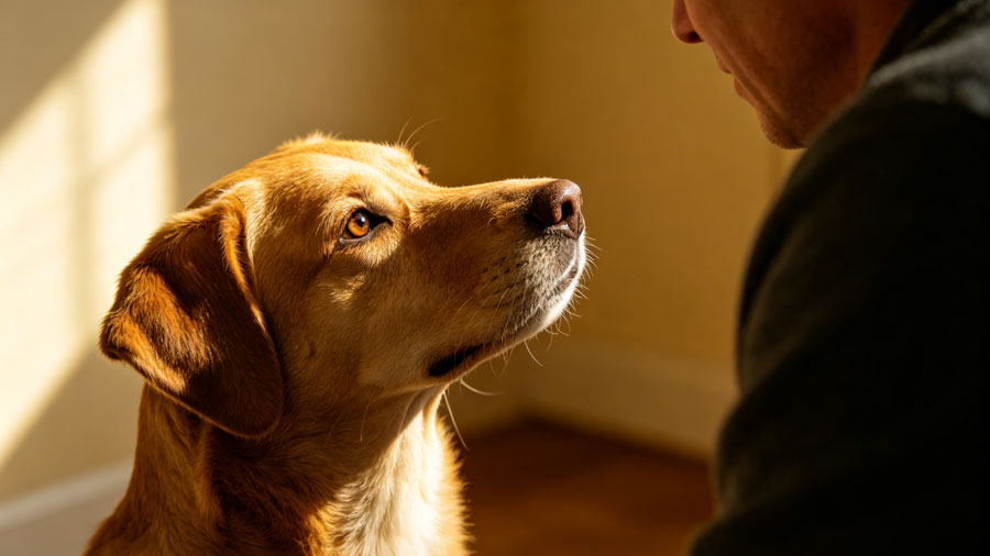 dog making eye contact with owner illustrating dog psychology and canine communication
