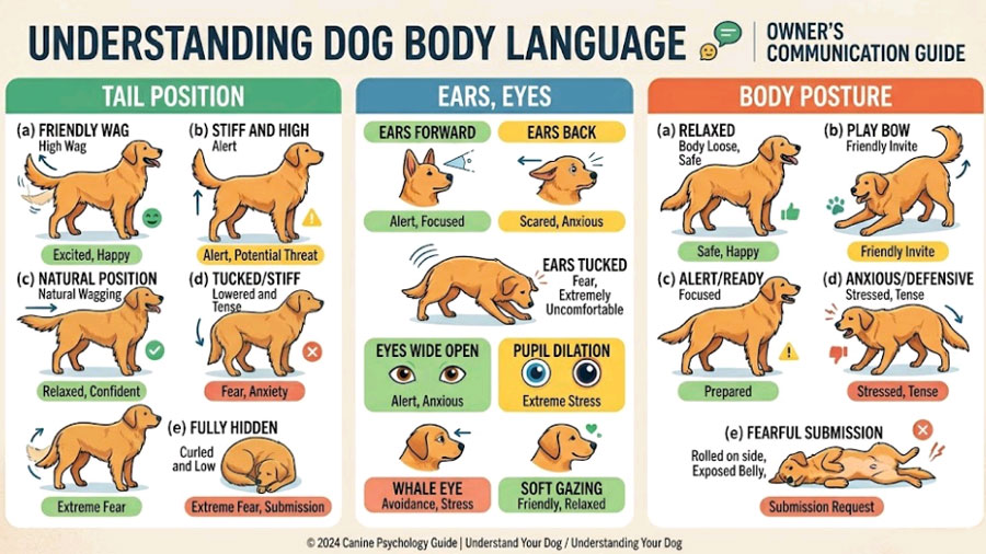 dog body language chart showing tail position ears eyes and posture signals for owners