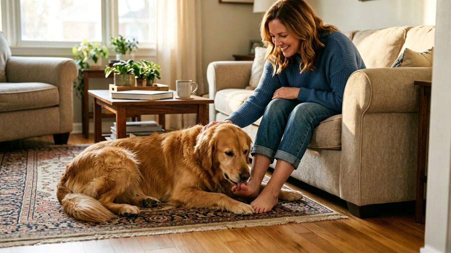 golden retriever licking owner's bare feet on living room floor
