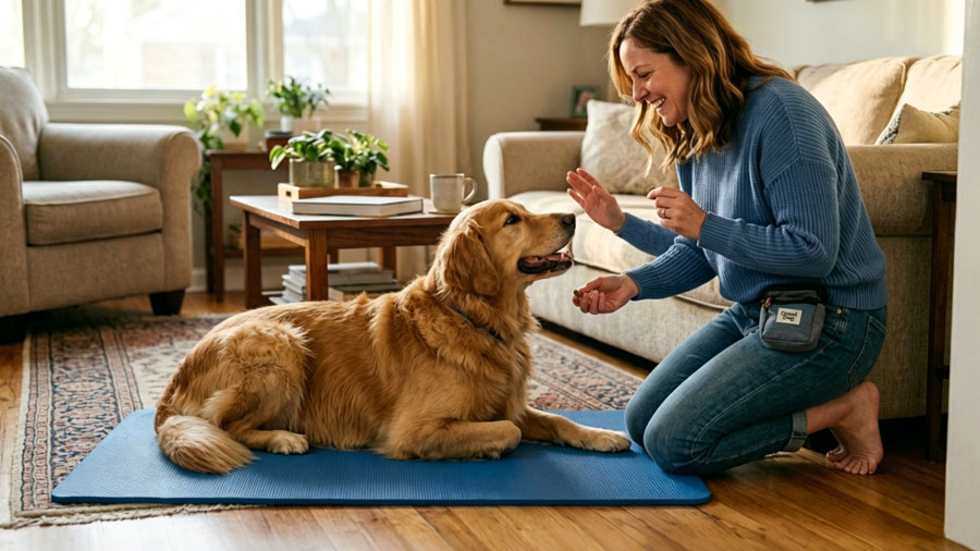 owner redirecting dog to a mat using positive reinforcement training
