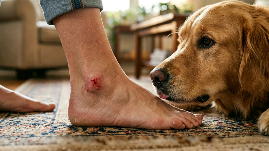 close-up of foot with minor cut next to dog to illustrate licking safety risks