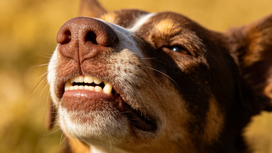 dog reacting to strong scent with wrinkled nose