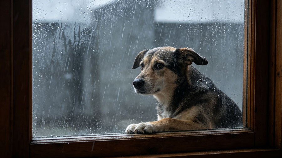 dog looking out window at rain showing anxiety before storm
