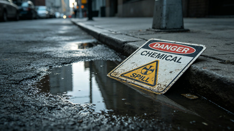 contaminated puddle on road with chemical runoff after rain