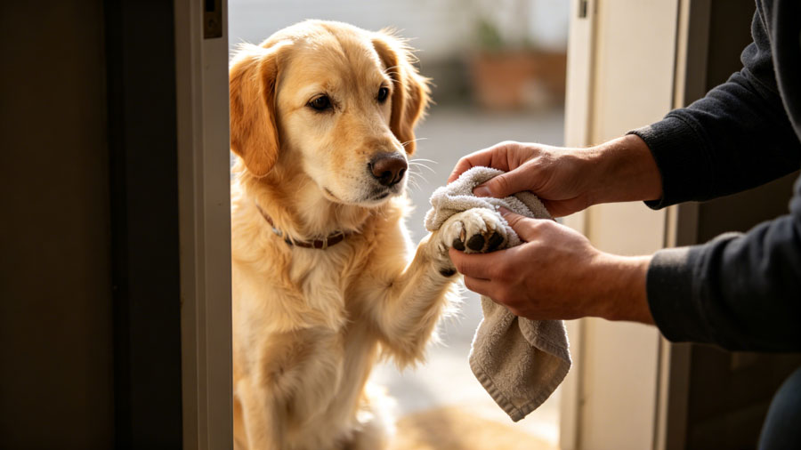 dog owner wiping dog paws with towel after rainy walk