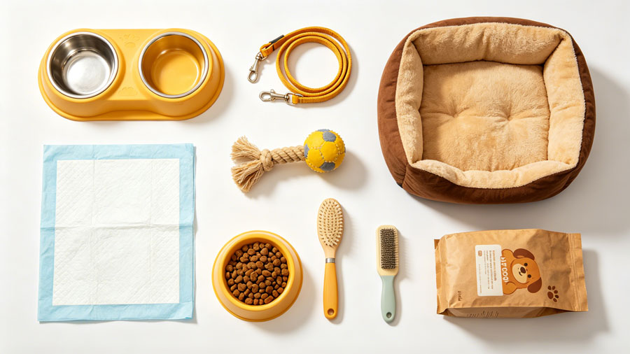 new dog owner essential supplies checklist flat lay