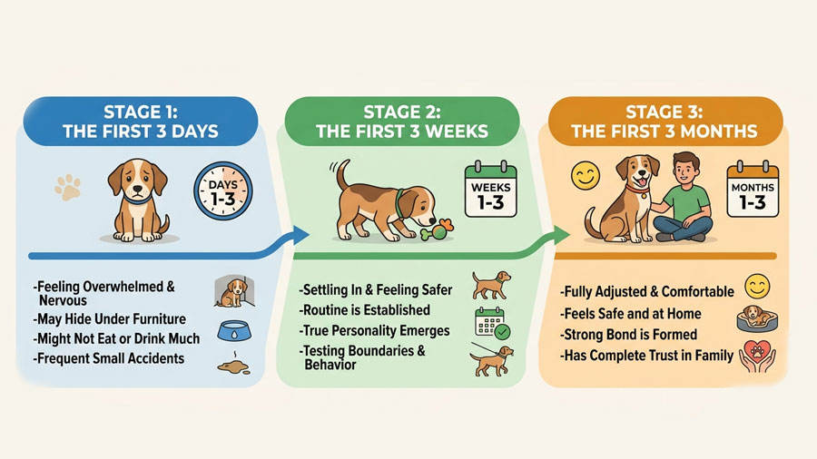 3-3-3 rule dog adjustment timeline infographic