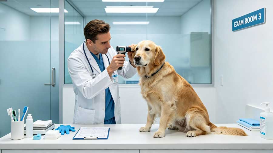 Veterinarian examining a golden retriever dog during a checkup