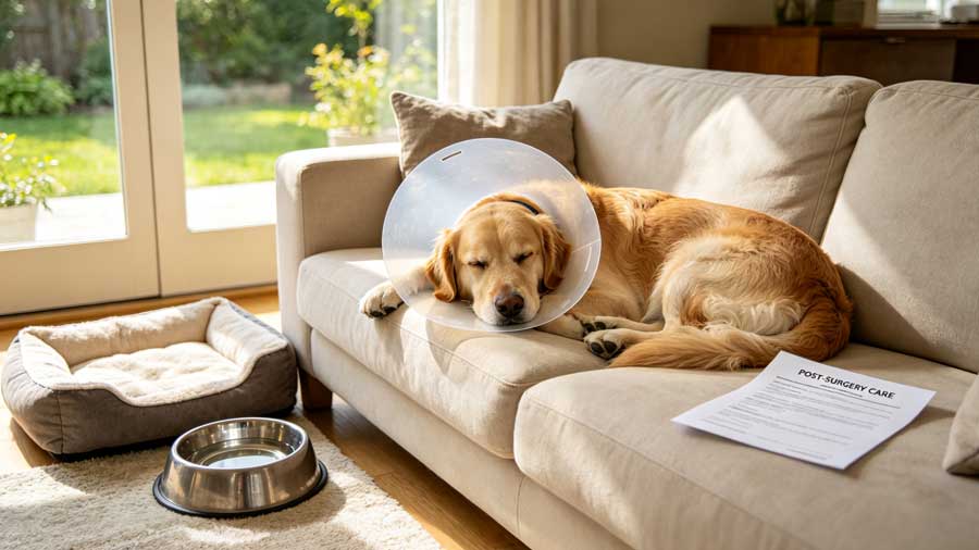 Dog wearing a recovery cone after neutering surgery