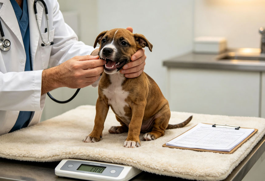 Vet checking a pitbull puppy's teeth and weight during growth stage
