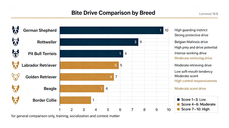 Chart comparing bite drive intensity across dog breeds