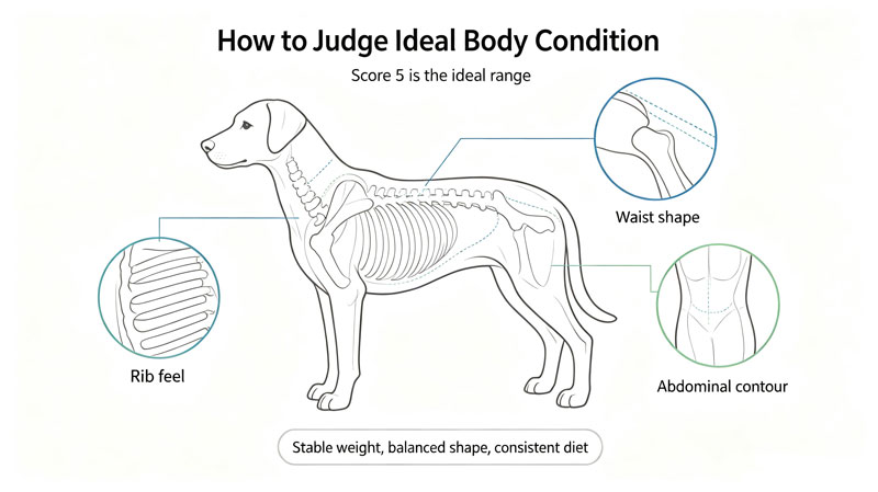 Dog body condition score chart showing ideal weight