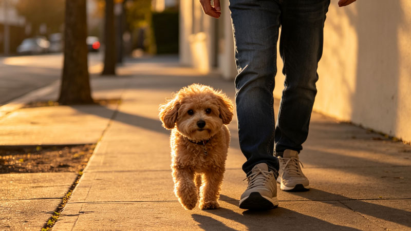 dog walking in heel position beside owner on sidewalk