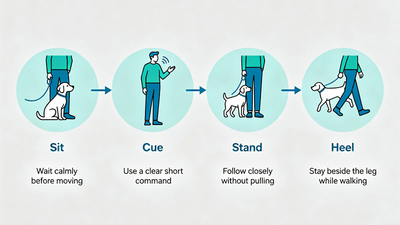  step by step diagram of teaching a dog to heel