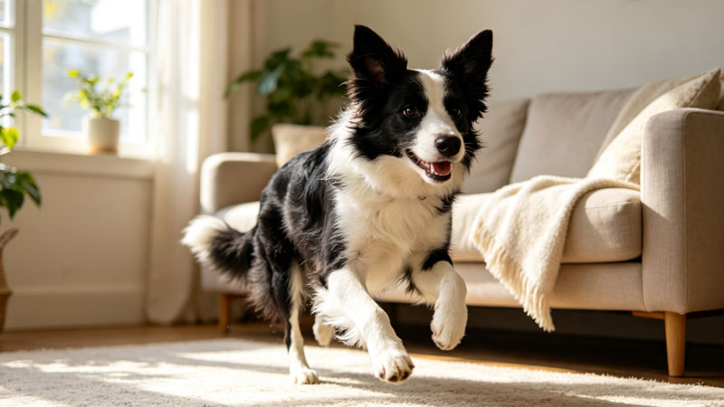 high energy dog running through living room
