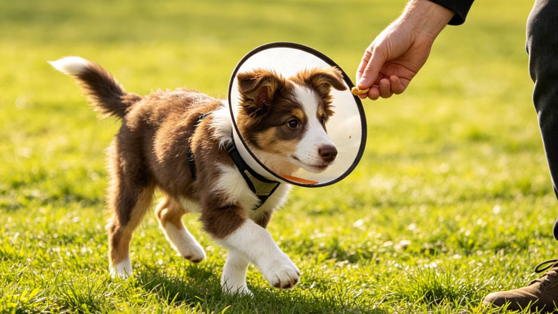 puppy doing safe low impact exercise on grass