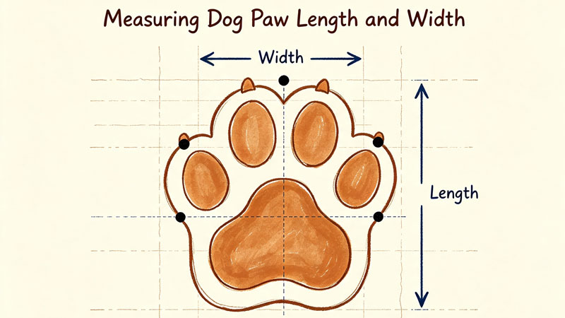 diagram showing how to measure dog paw length and width