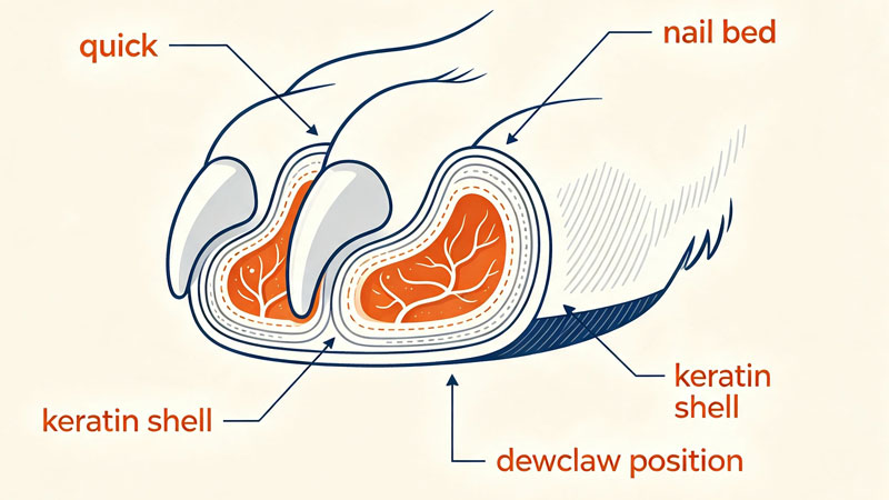 Dog nail anatomy diagram showing quick, nail bed, and keratin layer