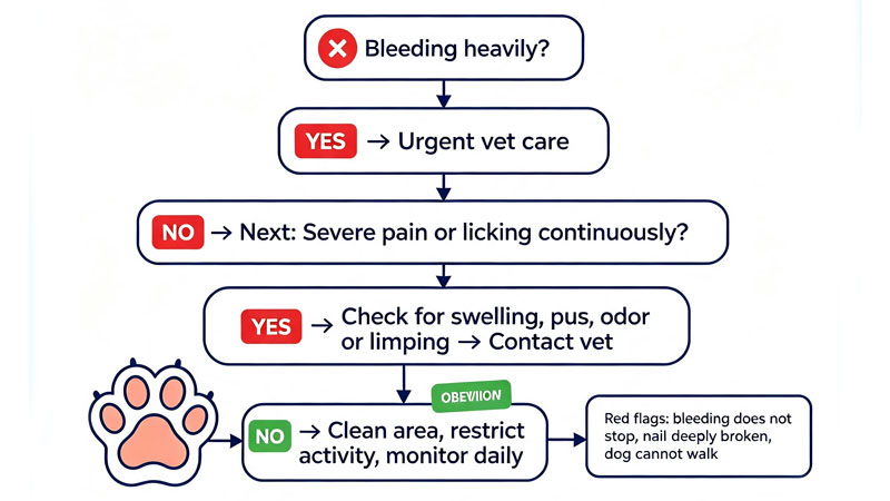 Flowchart for deciding if a dog nail problem needs urgent vet care