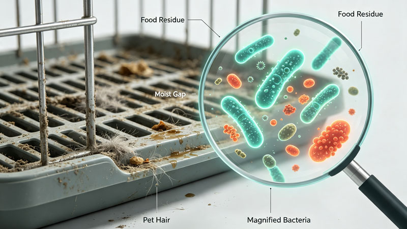 bacteria buildup on dirty dog crate surface