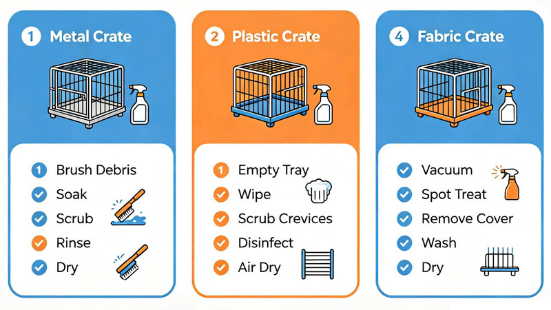 cleaning steps for metal, plastic, and fabric dog crates