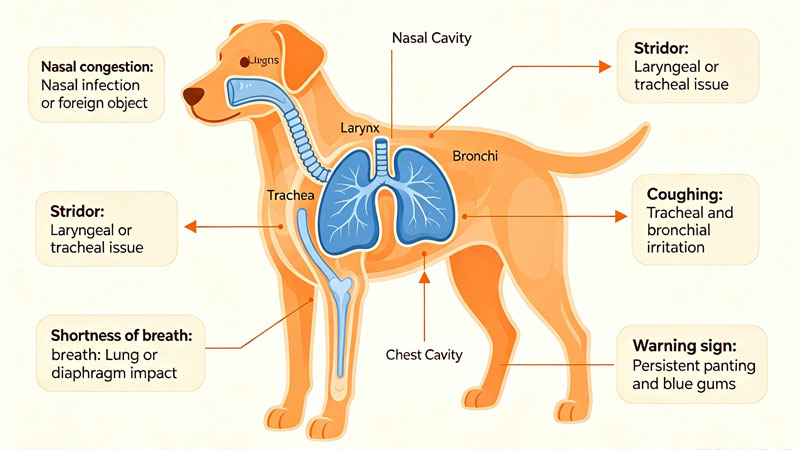 Diagram of dog respiratory system showing common causes of breathing problems