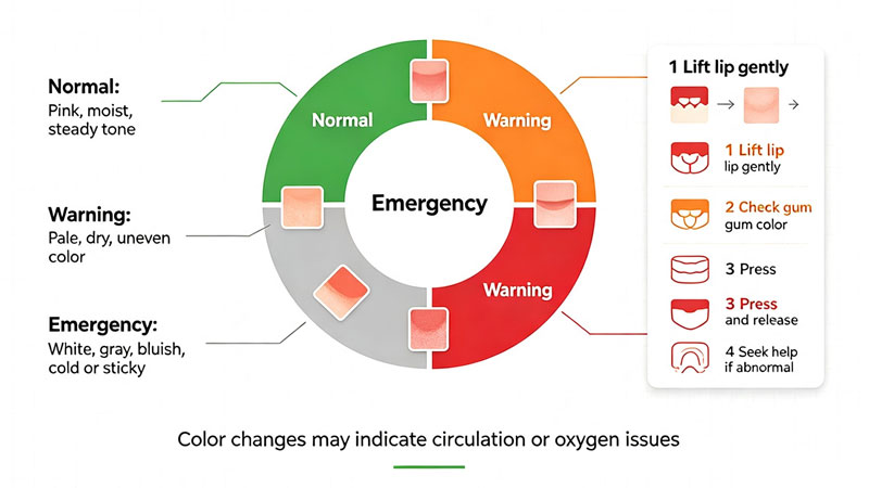 Dog gum color chart showing normal, warning, and emergency levels
