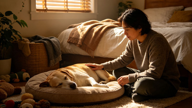 Owner checking dog's breathing rate at home