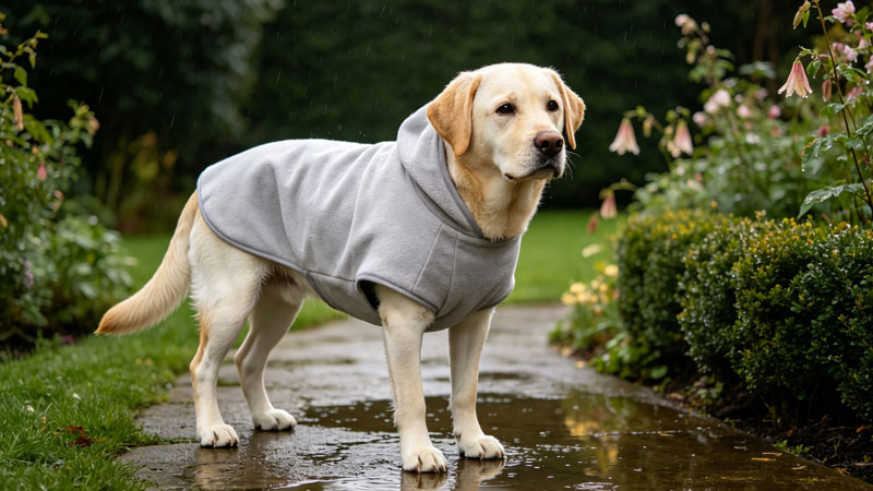 Labrador wearing a dog drying coat after a walk in the rain