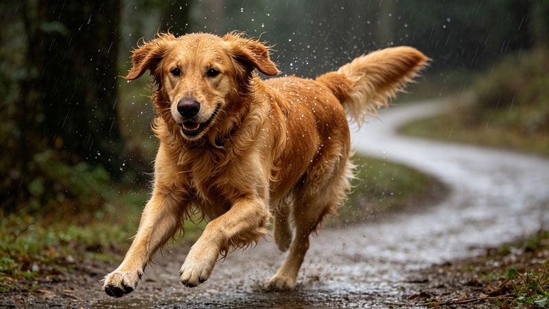 Golden retriever running happily in light rain on a trail