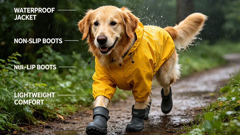 Dog rain jacket and waterproof boots for running in wet weather