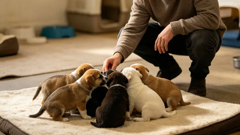 person evaluating a litter of puppies before adoption