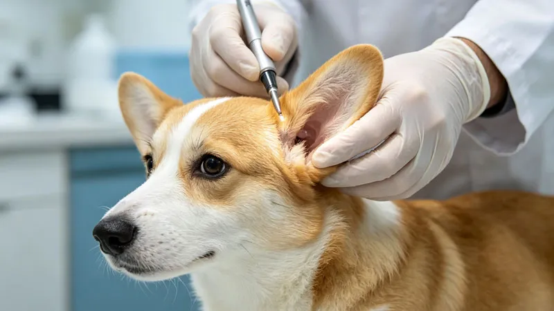 veterinarian examining puppy eyes and ears during health check