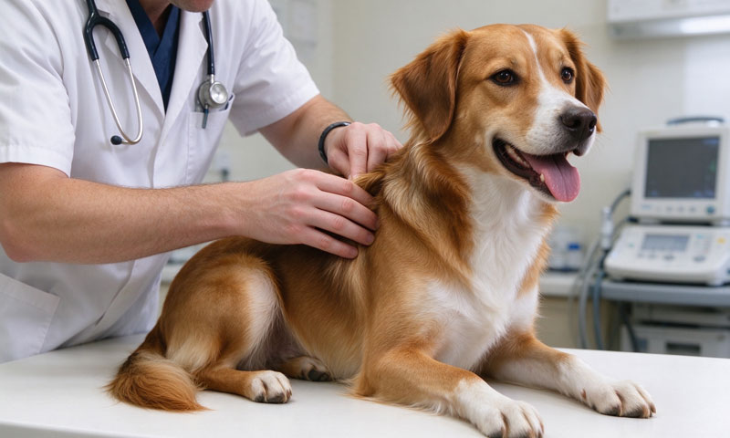 veterinarian examining dog with healthy coat