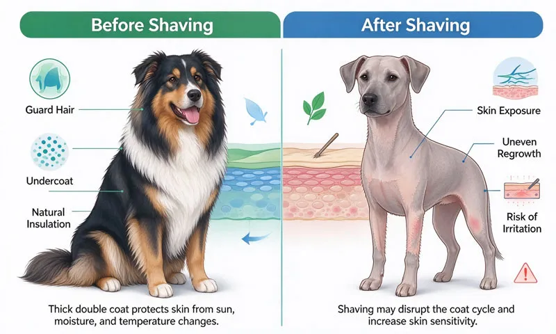 Before and after comparison of shaved double coat dog