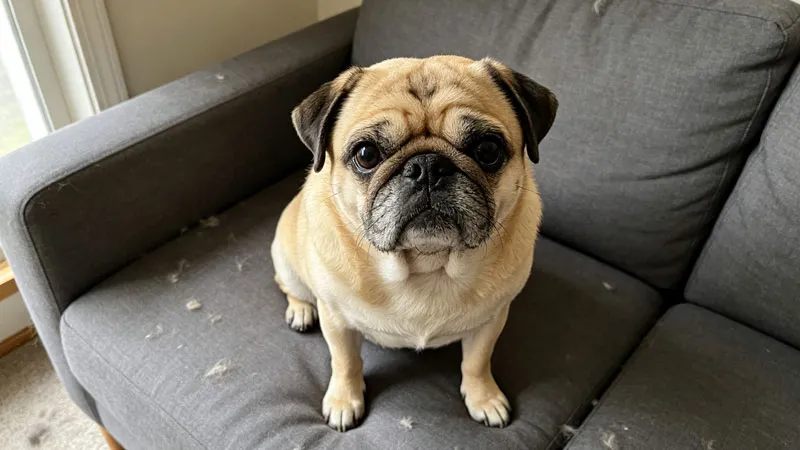 pug sitting on couch surrounded by shed fur