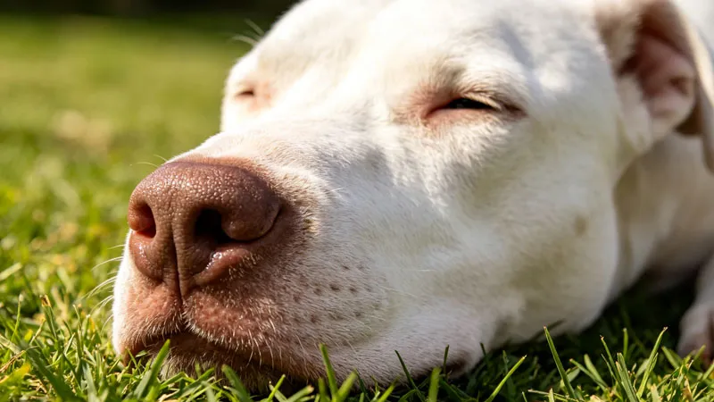 white pit bull sunbathing outdoors showing exposed nose skin
