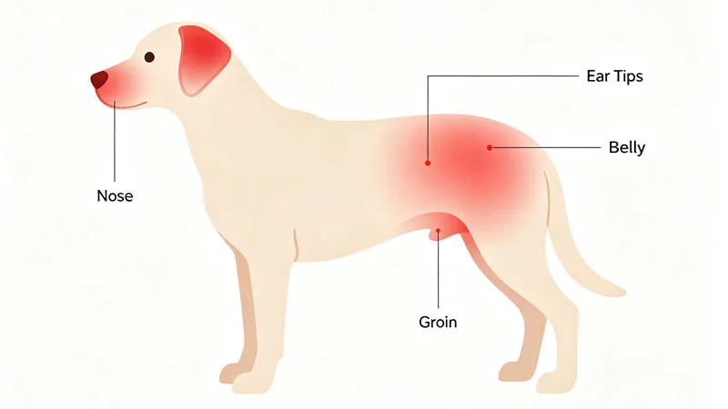 diagram showing high-risk sunburn areas on a dog's body