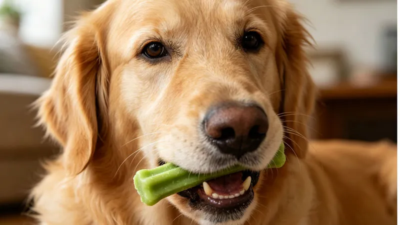 Golden retriever chewing a green Greenies dental treat