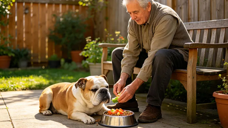 owner feeding senior pitbull healthy meal