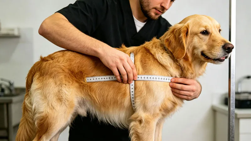 Owner measuring dog chest girth with soft tape measure