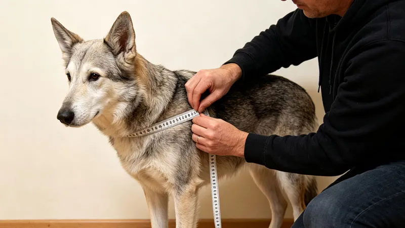Senior dog standing calmly during measurement session