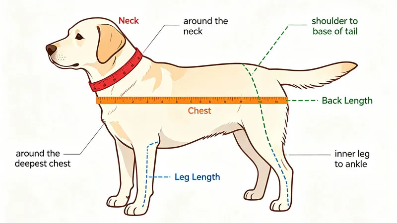 Diagram showing four dog measurement points for clothes sizing