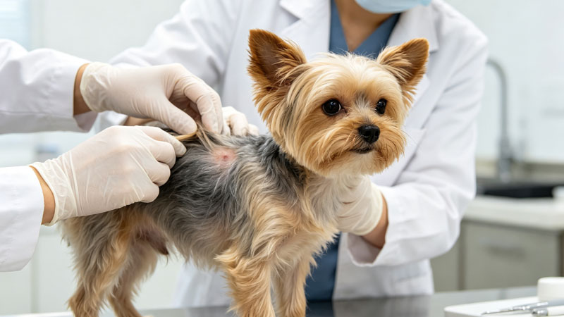 veterinarian examining dog skin and coat health