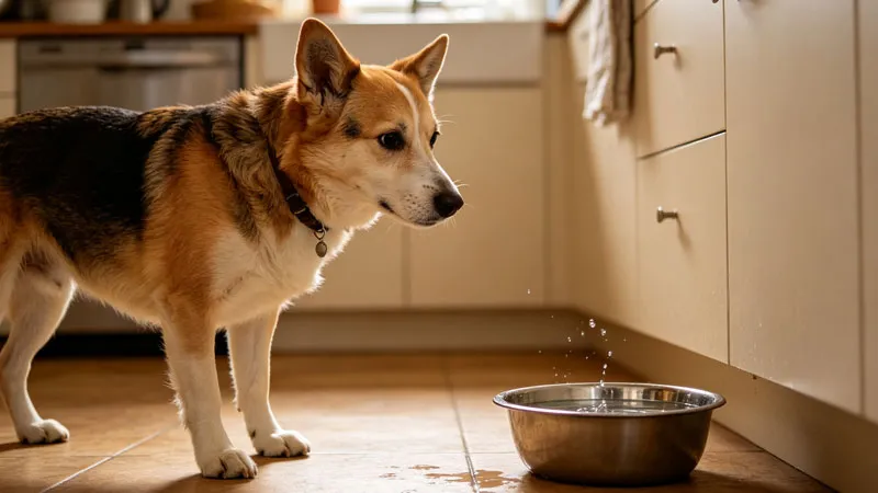 dog hesitating near water bowl on kitchen floor
