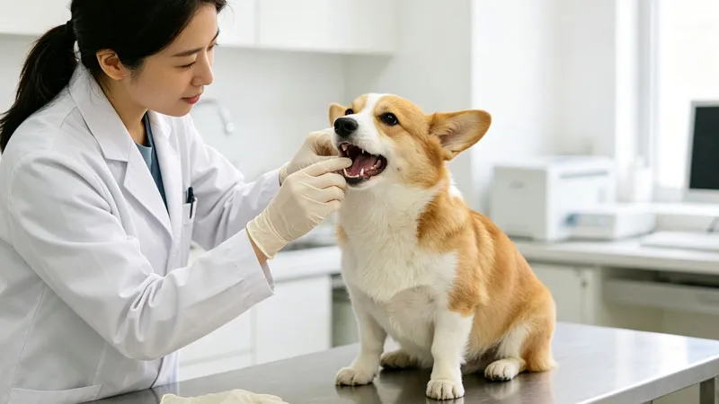 veterinarian checking dog gums during health exam