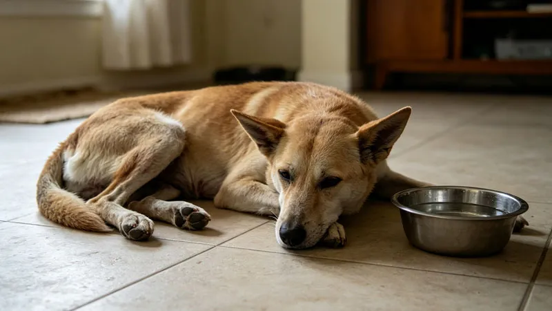 lethargic dog lying down showing dehydration symptoms