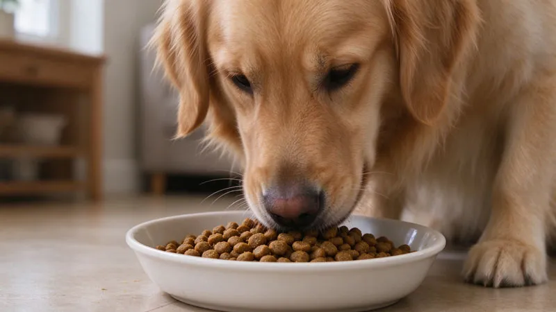 golden retriever eating dog food from bowl
